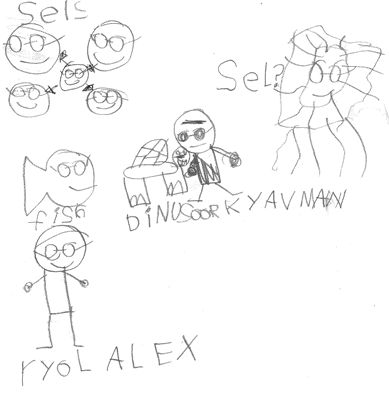 Alex's artistic rendering of evolution... featuring sels, another sel, a fish, a dinusoor, a kyavman, and the ryol ALEX... all with glasses on, all spelled exactly like that